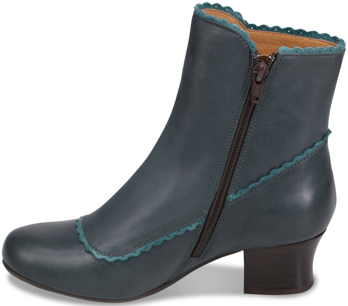 A teal leather ankle boot with a rounded toe, a low stacked heel, a side zipper, and decorative scalloped edges in a contrasting blue.