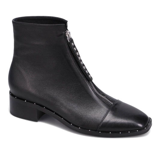 Black leather ankle boot with zipper closure and studded trim.