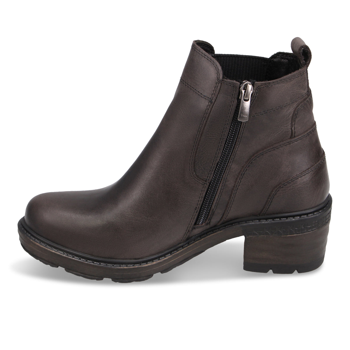 A brown leather ankle boot with a side zipper closure, a low stacked block heel, and a lug sole on a white background.