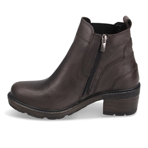 A brown leather ankle boot with a side zipper closure, a low stacked block heel, and a lug sole on a white background.