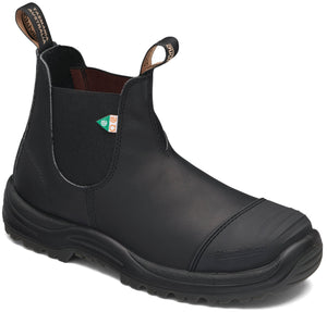 Black leather work boot with elastic side and thick sole.