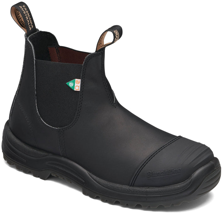 Black leather work boot with elastic side and thick sole.