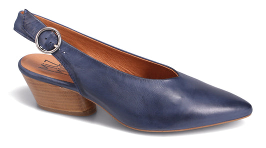 Blue leather slingback heel with a buckle strap.