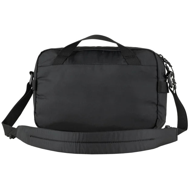 Black messenger bag with a top handle and adjustable shoulder strap.
