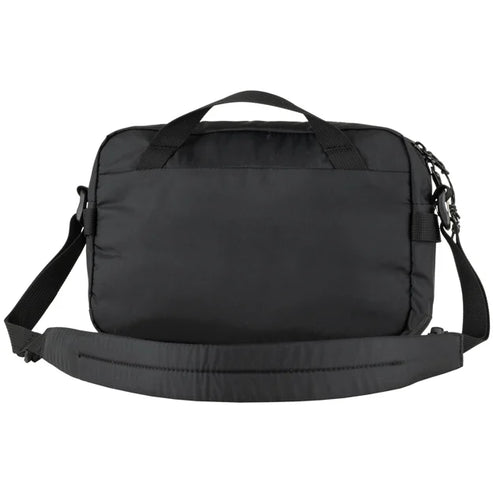 Black messenger bag with a top handle and adjustable shoulder strap.