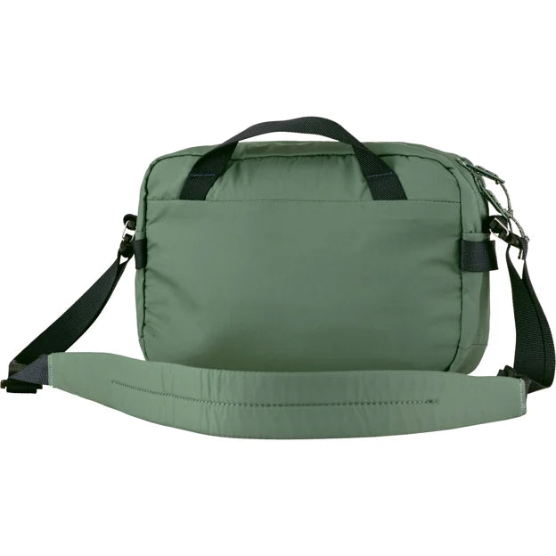 Olive green messenger bag with black straps and handles.