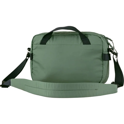 Olive green messenger bag with black straps and handles.