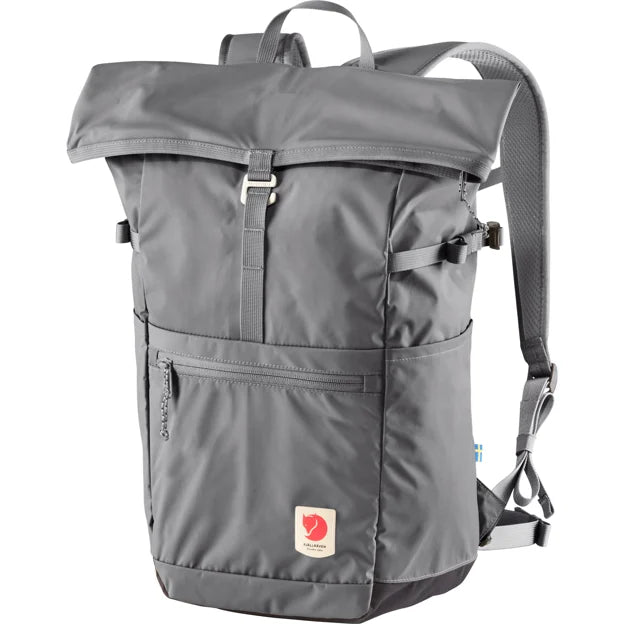 Gray roll-top backpack with front zipper pocket and water bottle side pockets.