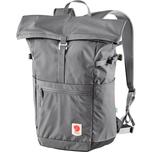 Gray roll-top backpack with front zipper pocket and water bottle side pockets.