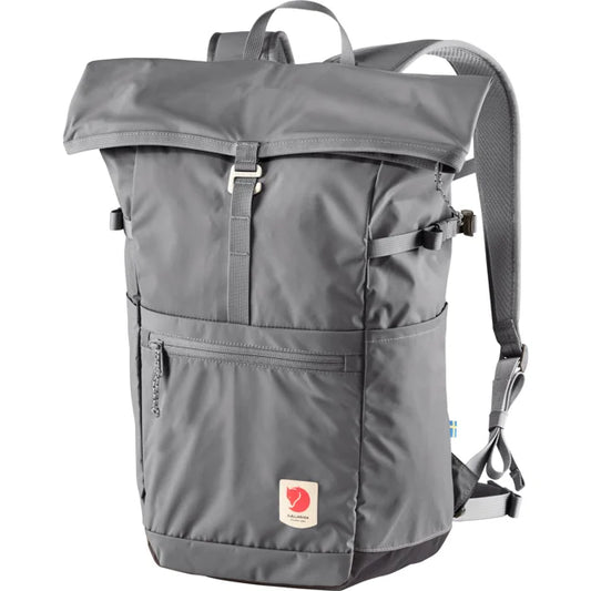 Gray roll-top backpack with front zipper pocket and water bottle side pockets.