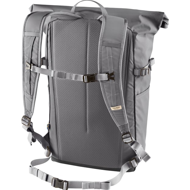 Gray roll-top backpack featuring shoulder straps, sternum strap, hip belt, and padded back panel.