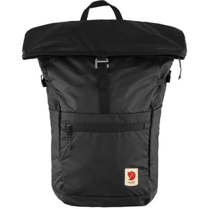 Black rolltop backpack with a top carry handle, adjustable straps, front zipped pocket, and a logo patch.