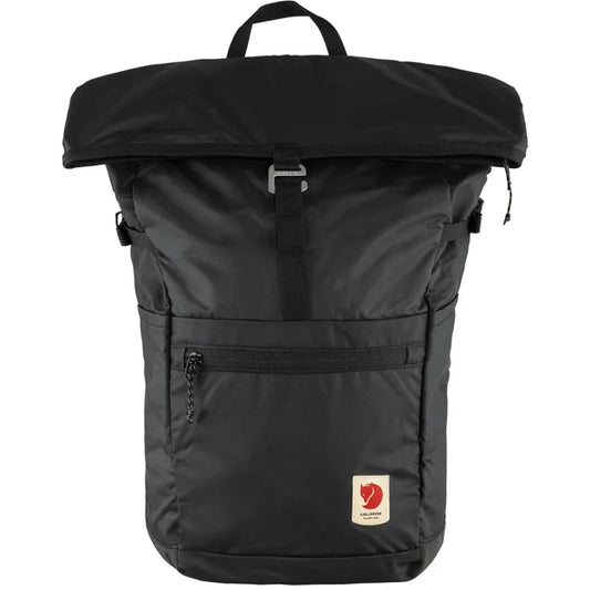 Black rolltop backpack with a top carry handle, adjustable straps, front zipped pocket, and a logo patch.