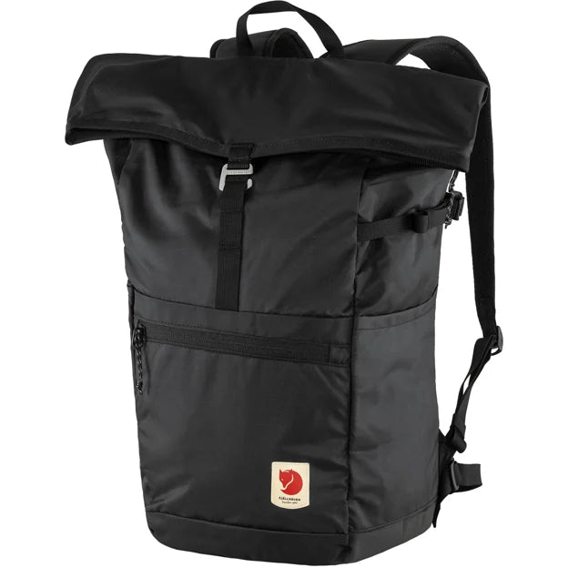 Black roll-top backpack with a metal clasp and a small rectangular logo at the bottom.