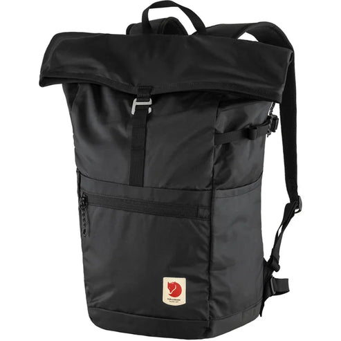 Black roll-top backpack with a metal clasp and a small rectangular logo at the bottom.