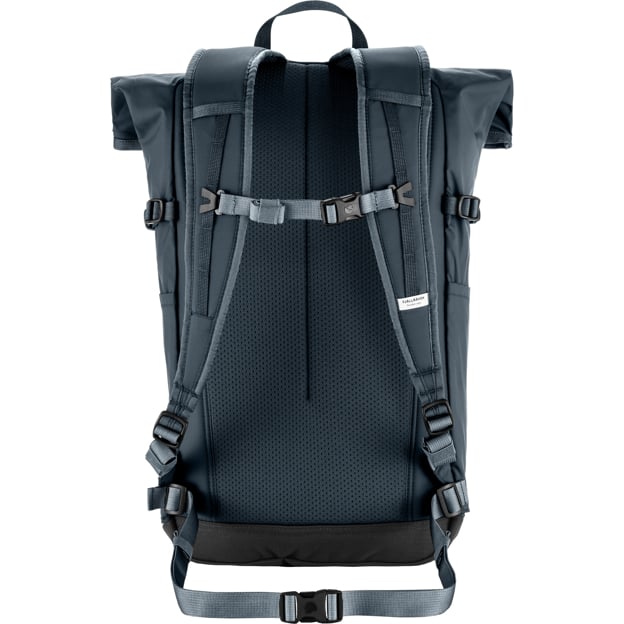 Dark blue backpack with roll top, gray straps, and buckle closures on the back.