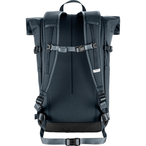 Dark blue backpack with roll top, gray straps, and buckle closures on the back.