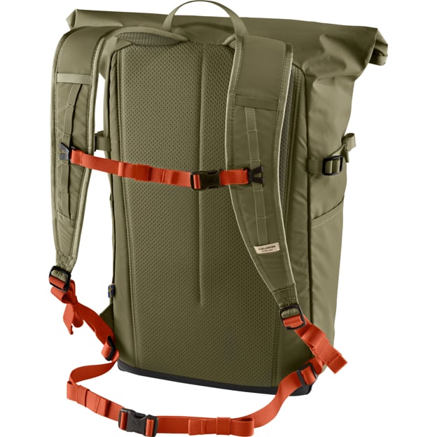 Olive green roll-top backpack with orange straps.