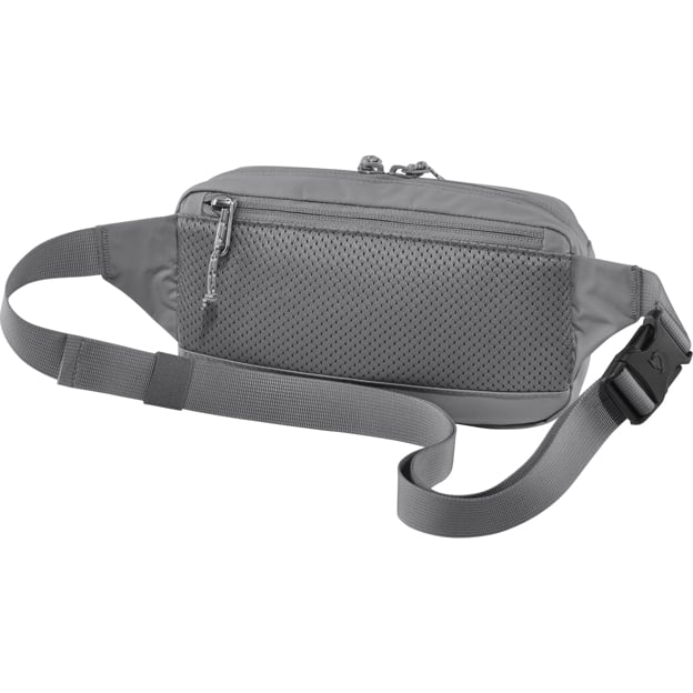 Gray waist bag with zipper and mesh front.