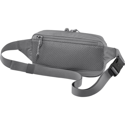 Gray waist bag with zipper and mesh front.