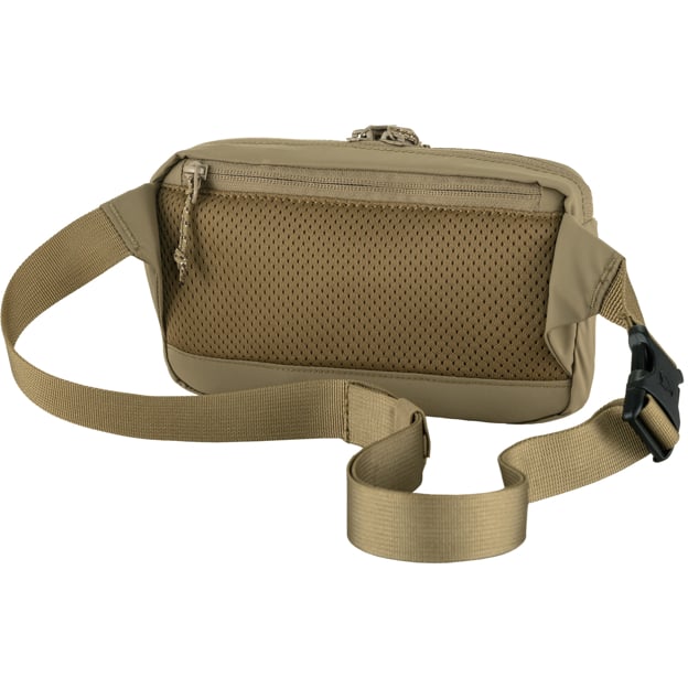 Tan fanny pack with adjustable strap and buckle, mesh backing, and top zipper pocket.