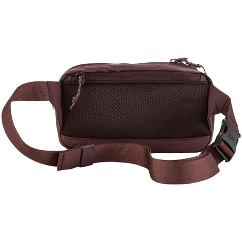 Brown belt bag with a mesh back, a top zipper, and a buckle on one side of the belt.