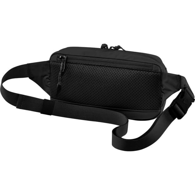 Black fanny pack with adjustable strap.