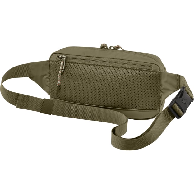 Olive green fanny pack with mesh front pocket.