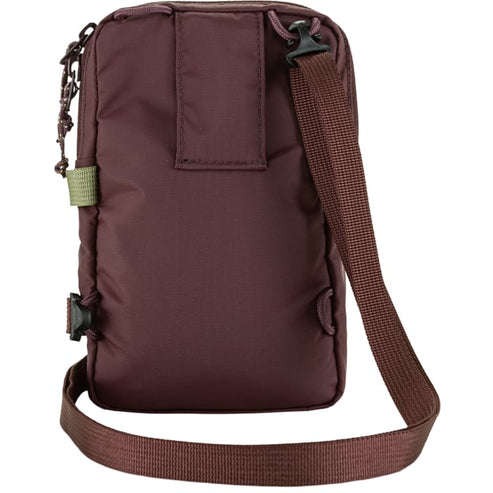 Burgundy shoulder bag with adjustable strap and buckle details.