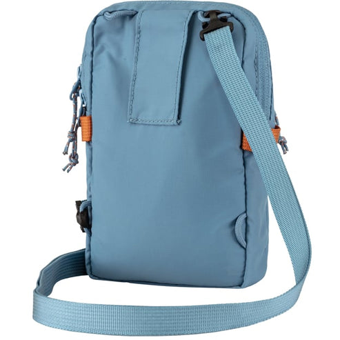 Light blue crossbody bag with a strap, pockets, zipper, and orange accent.