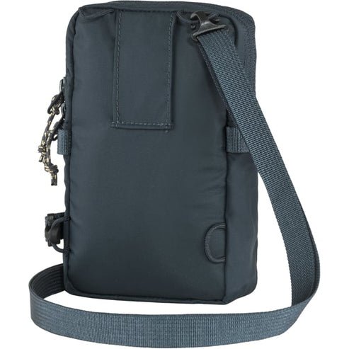 Dark blue, nylon-like small pouch with adjustable strap.