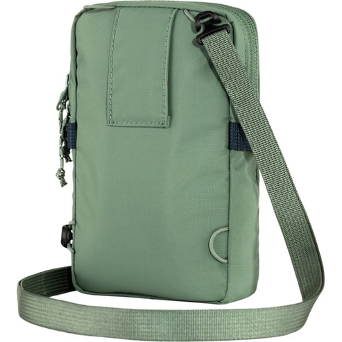 Green cross-body bag with adjustable strap and multiple compartments.