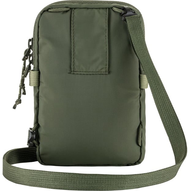 Green, padded crossbody bag with adjustable strap, zipper closure, and small strap detail on the back.