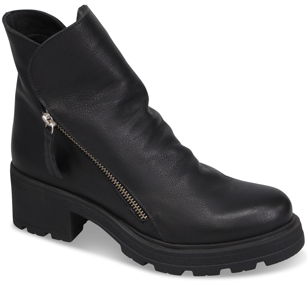 A black ankle boot with a block heel, a thick lug sole, and a decorative diagonal silver zipper on the outer side.