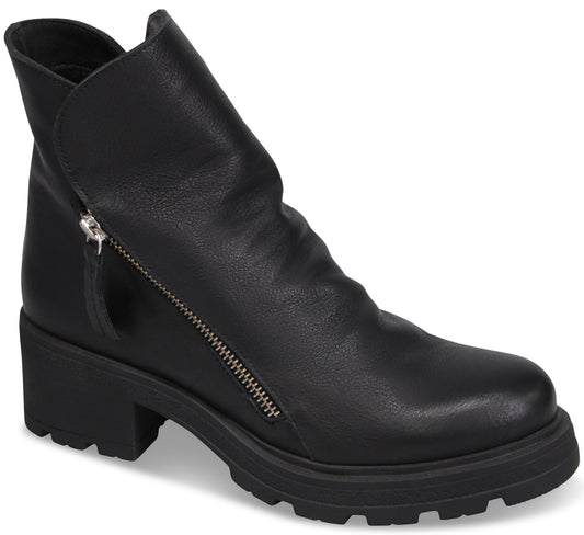 A black ankle boot with a block heel, a thick lug sole, and a decorative diagonal silver zipper on the outer side.
