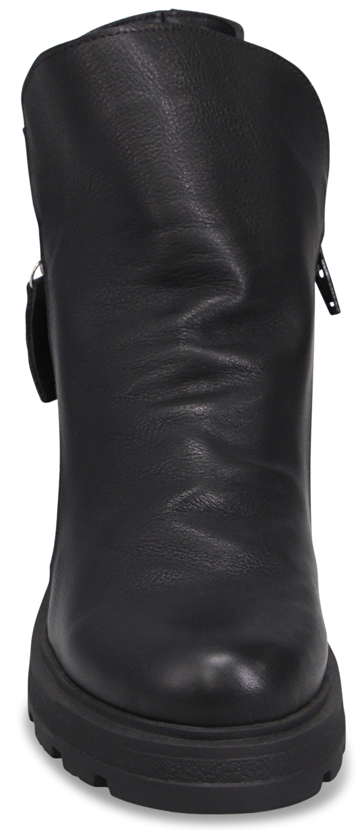 A black ankle boot with a smooth, matte finish, a side zipper, and a chunky, thick lugged sole viewed from the front.