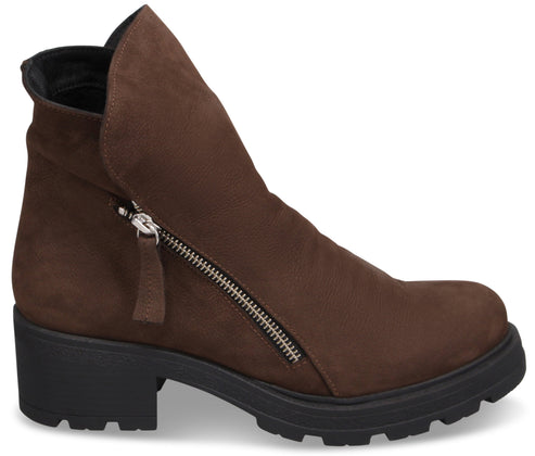 A brown suede ankle boot with a side zipper closure and a thick black lug sole.