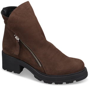 A brown suede ankle boot with a silver side zipper and a chunky black lug sole and block heel.