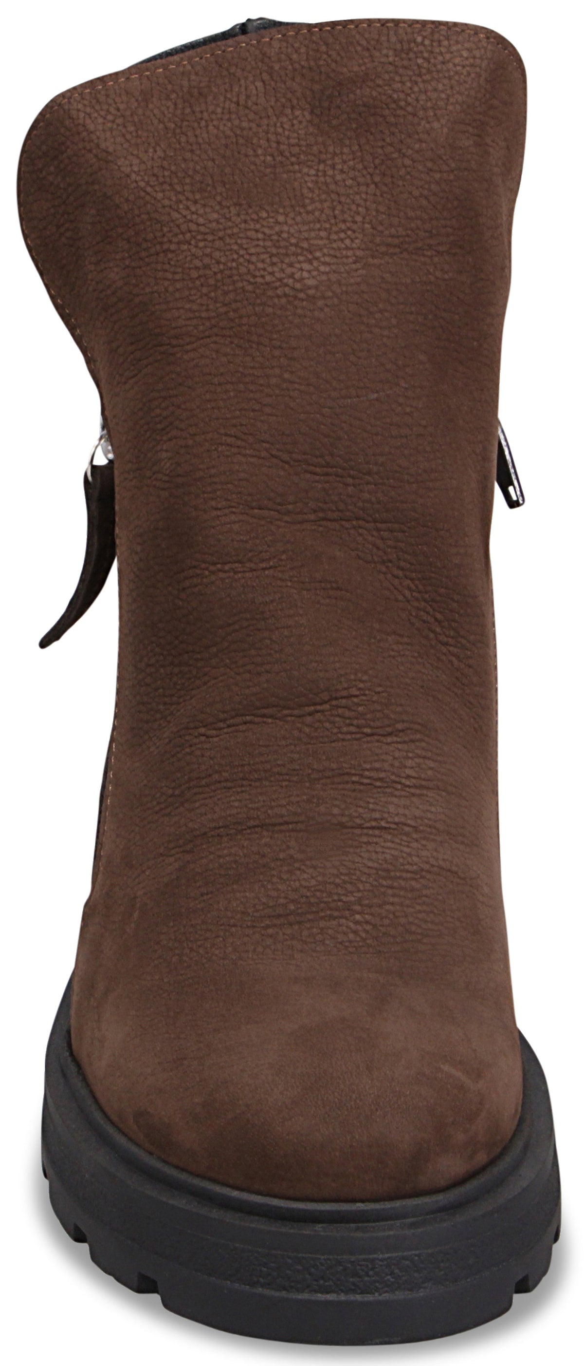 A brown faux suede mid-calf boot with a thick black lug sole, viewed from the front, featuring silver side zippers.
