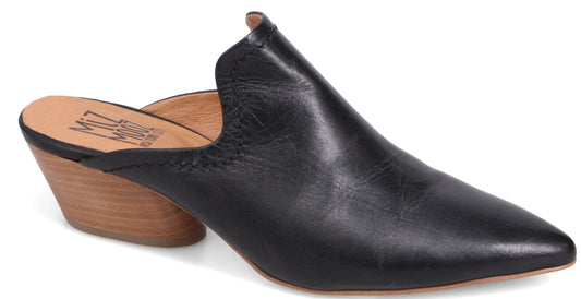 Black leather heeled mule with pointed toe and light brown wooden heel.