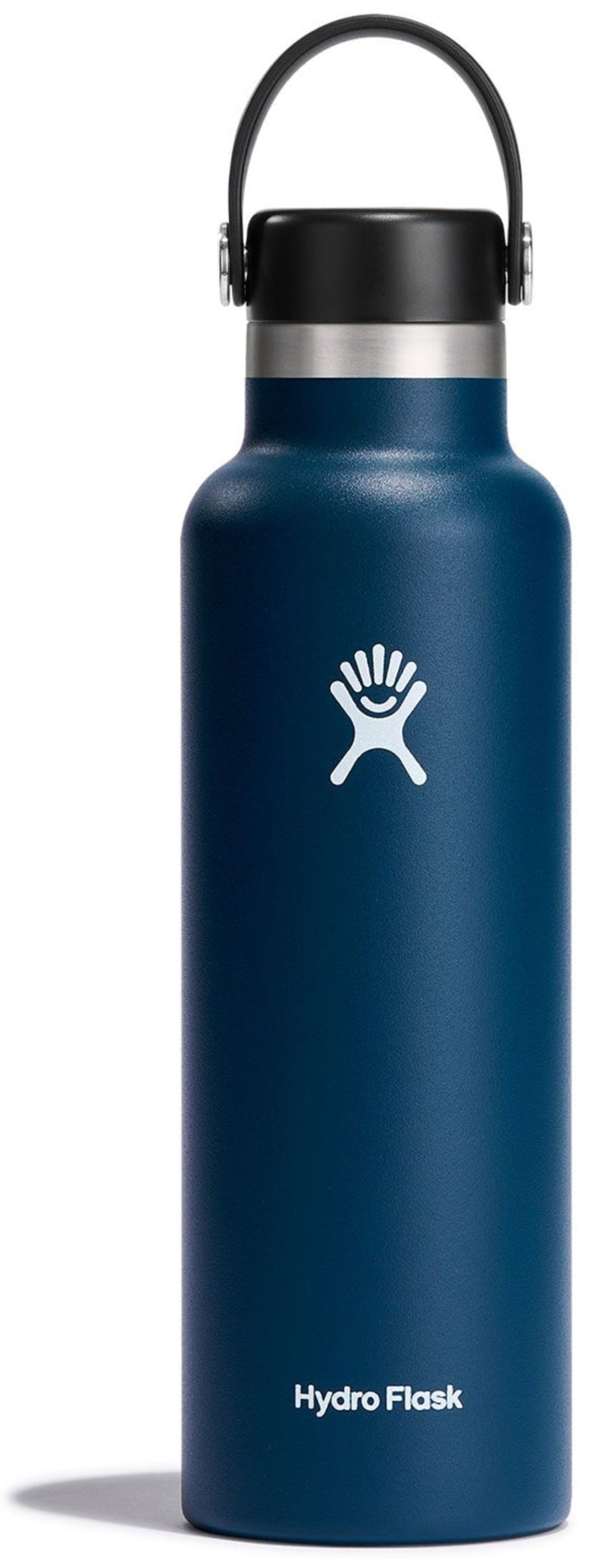 Navy blue water bottle with handle and the words "Hydro Flask" at the bottom.