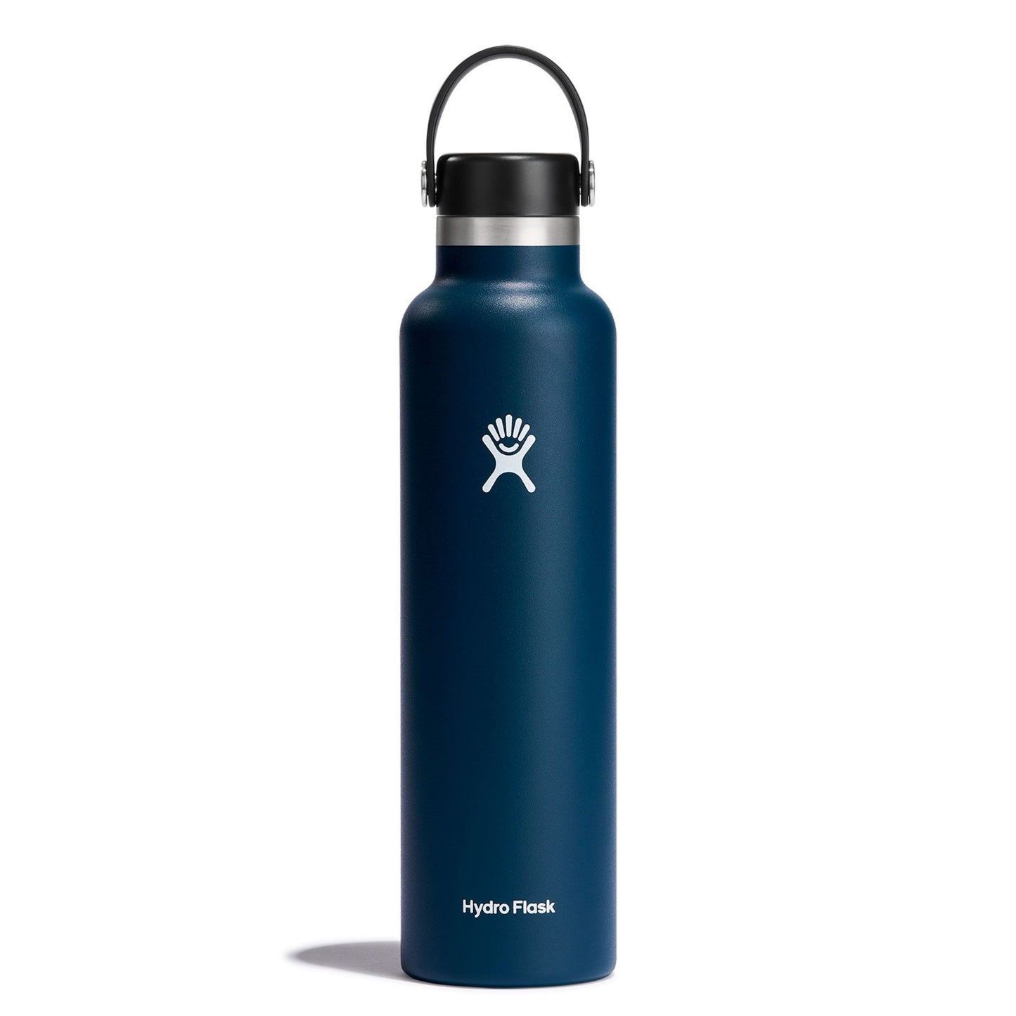 Navy blue water bottle with a white logo and black cap and carrying handle.