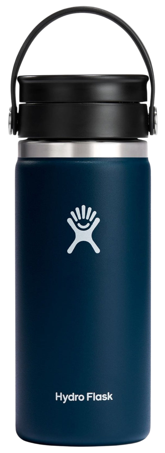 A blue Hydro Flask water bottle with a black lid and carrying handle.