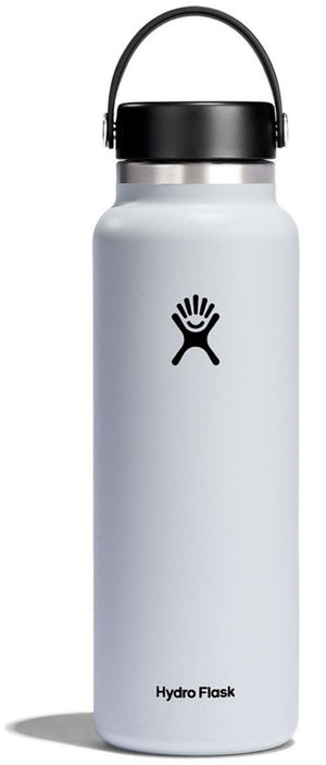 White water bottle with a black cap and carrying loop. The bottle features a logo of a smiling figure with stick arms and legs, and the words "Hydro Flask" at the bottom.