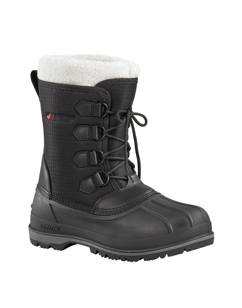 Black winter boot with faux fur trim and lace-up closure.