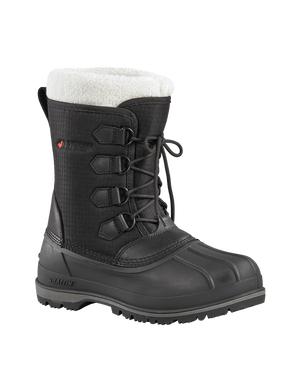 Black winter boot with faux fur trim and lace-up closure.