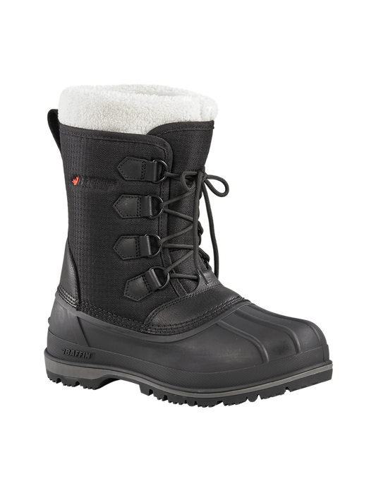 Black winter boot with faux fur trim and lace-up closure.