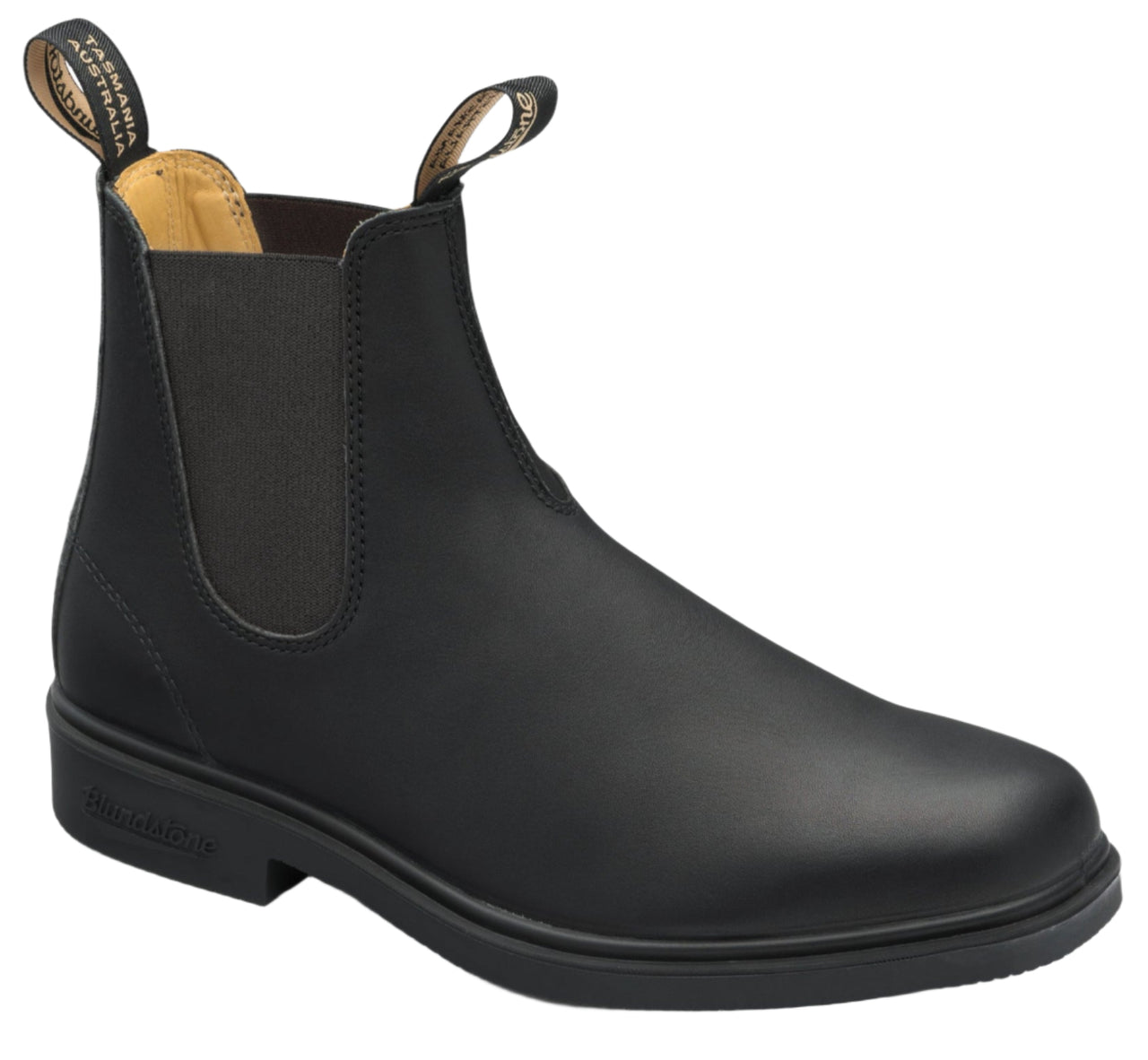 Black leather Chelsea boot with elastic side panels and pull tabs.
