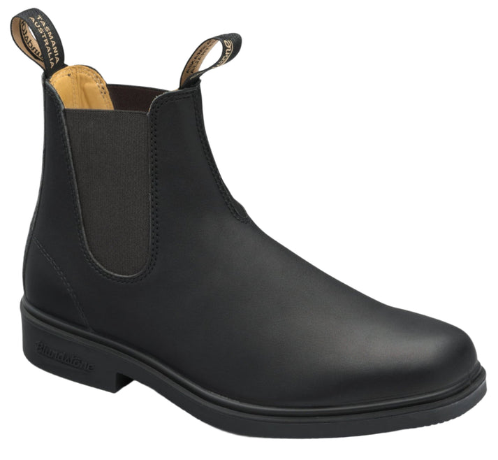 Black leather Chelsea boot with elastic side panels and pull tabs.