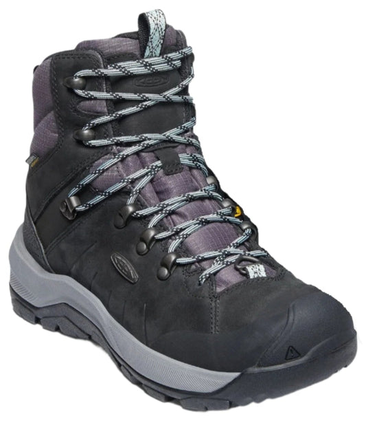 A black winter high-top boot with a gray sole and laces.
